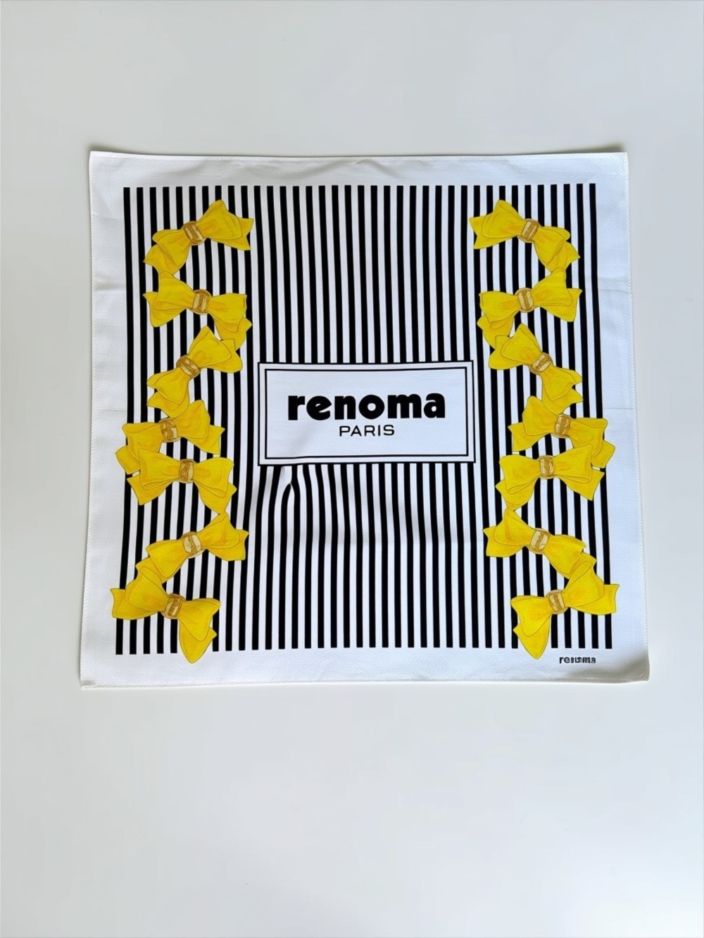 VTG Renoma Paris Cotton Bandana Scarf Striped Yellow Bows Small Square 17"